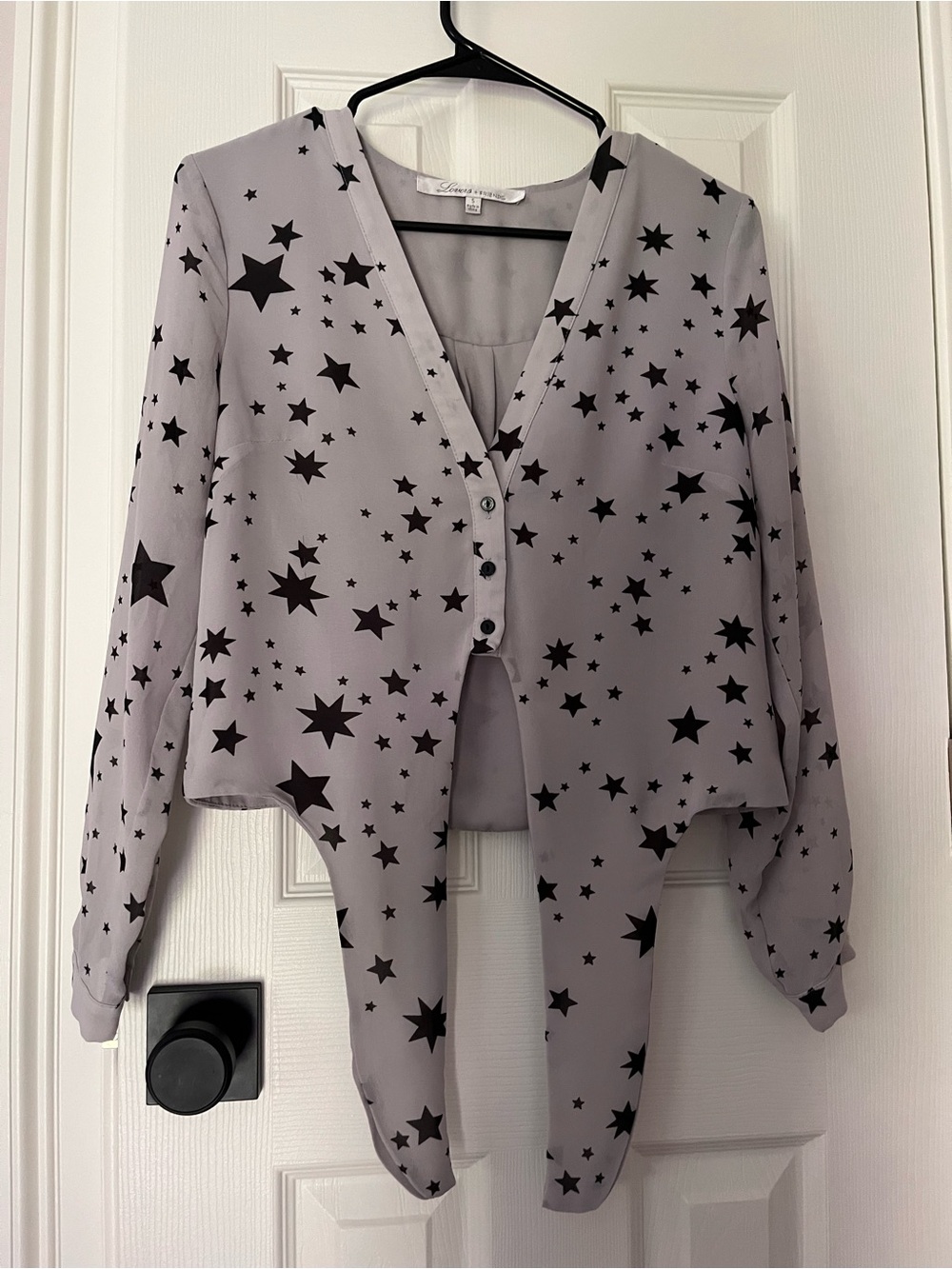Lovers + Friends Star Print tie-front blouse- Gray with Black Stars